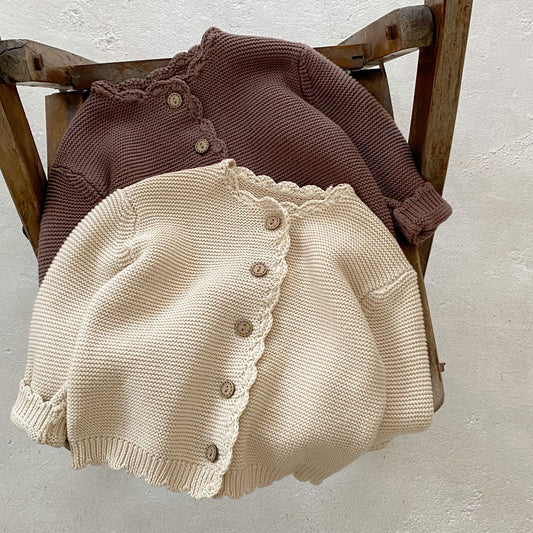 Spring baby unisex solid color long sleeve 100% cotton simple cardigan newborn fashion handmade knitted jacket