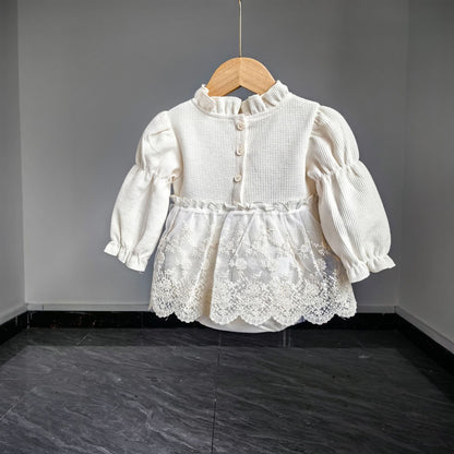 New Born Baby Romper Cute Cotton Jumpsuit with Lace Jacquard Solid Color Button Closure
