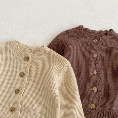 Spring baby unisex solid color long sleeve 100% cotton simple cardigan newborn fashion handmade knitted jacket