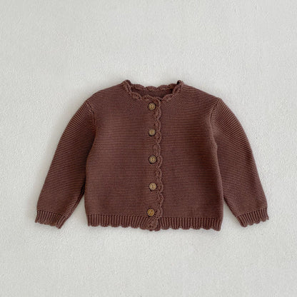 Spring baby unisex solid color long sleeve 100% cotton simple cardigan newborn fashion handmade knitted jacket