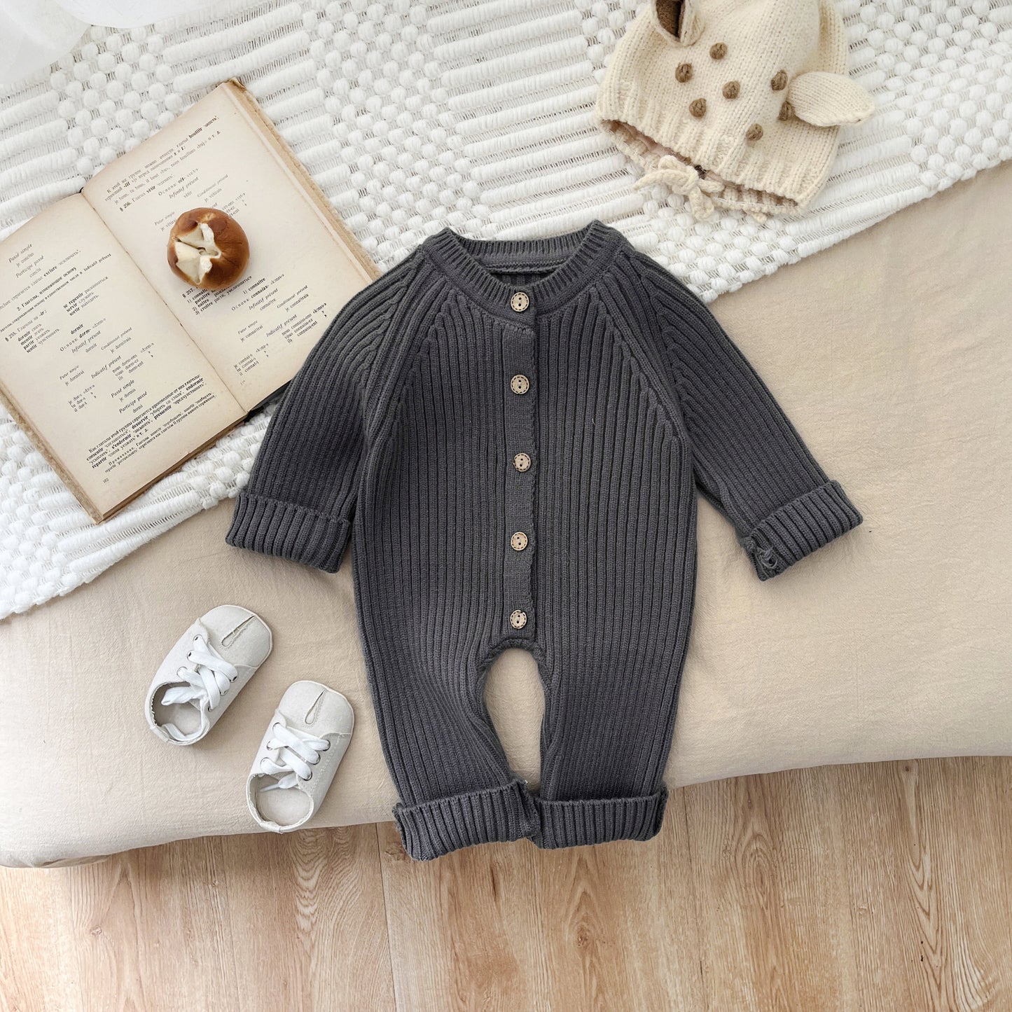 Long Sleeve Button Play suit Chest Pocket Infant Neutral Baby Jumpsuit